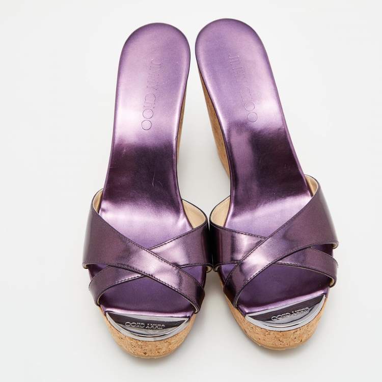 Pre Owned Jimmy Choo Purple Patent Leather Prima Cork Wedge Slides Size 38.5