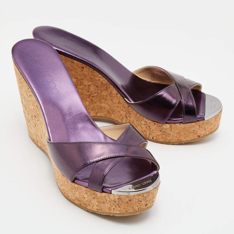 Pre Owned Jimmy Choo Purple Patent Leather Prima Cork Wedge Slides Size 38.5