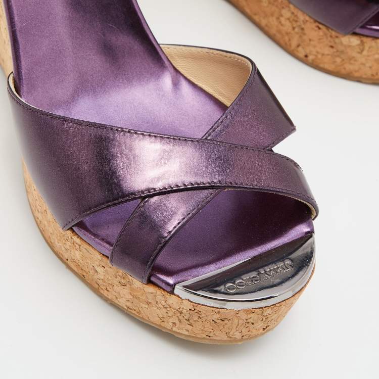 Pre Owned Jimmy Choo Purple Patent Leather Prima Cork Wedge Slides Size 38.5
