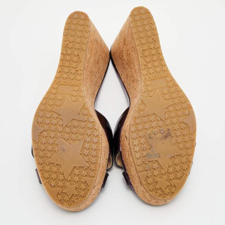 Pre Owned Jimmy Choo Purple Patent Leather Prima Cork Wedge Slides Size 38.5