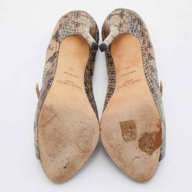 Pre Owned Jimmy Choo Beige Watersnake Leather Peep Toe Pumps Size 38