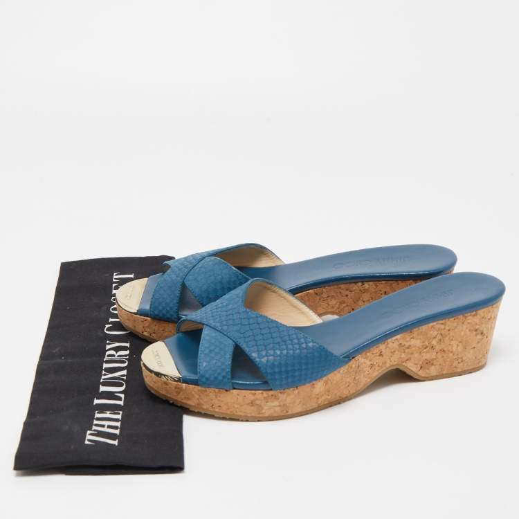 Pre Owned Jimmy Choo Blue Leather Prima Cock Wedge Slides Size 38