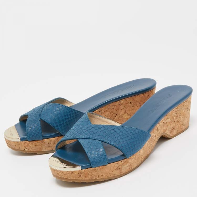 Pre Owned Jimmy Choo Blue Leather Prima Cock Wedge Slides Size 38