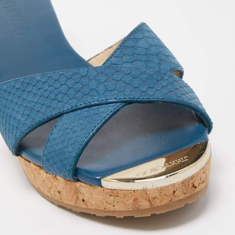 Pre Owned Jimmy Choo Blue Leather Prima Cock Wedge Slides Size 38