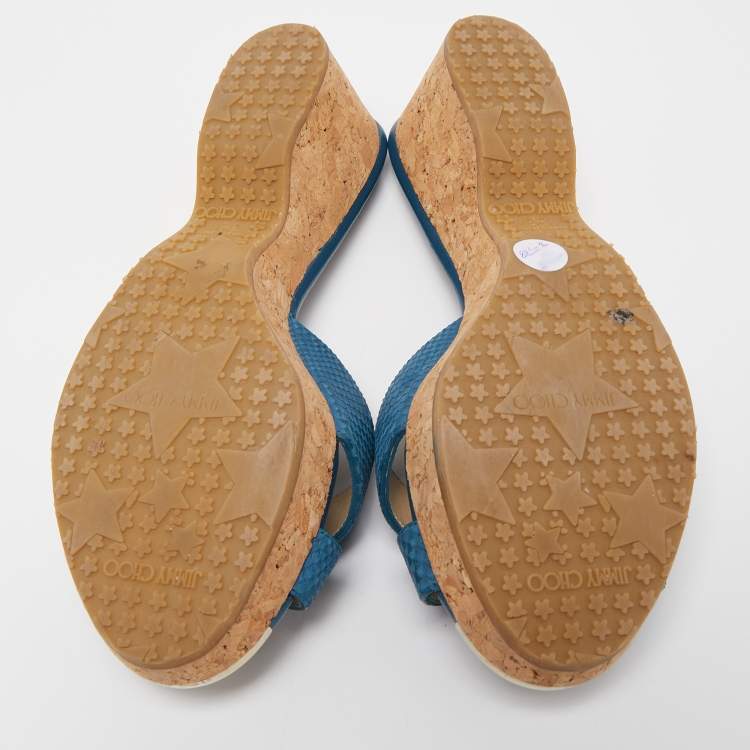 Pre Owned Jimmy Choo Blue Leather Prima Cock Wedge Slides Size 38