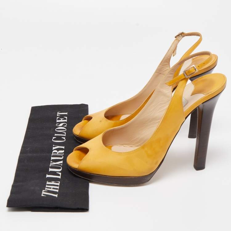 Pre Owned Jimmy Choo Yellow Leather Peep Toe Slingback Pumps Size 39.5