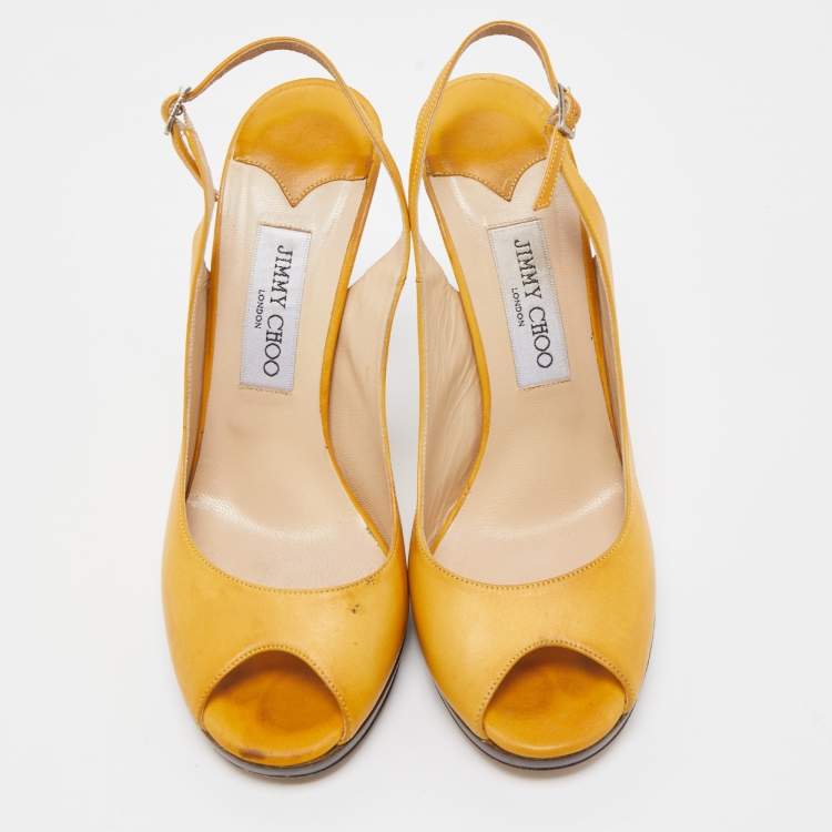 Pre Owned Jimmy Choo Yellow Leather Peep Toe Slingback Pumps Size 39.5