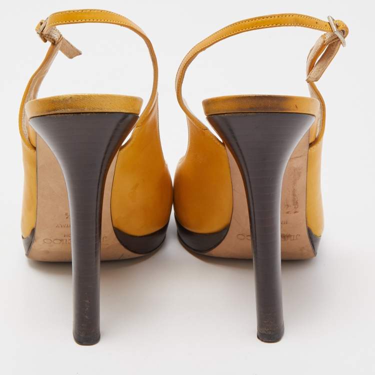 Pre Owned Jimmy Choo Yellow Leather Peep Toe Slingback Pumps Size 39.5