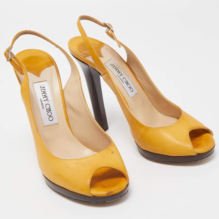 Pre Owned Jimmy Choo Yellow Leather Peep Toe Slingback Pumps Size 39.5