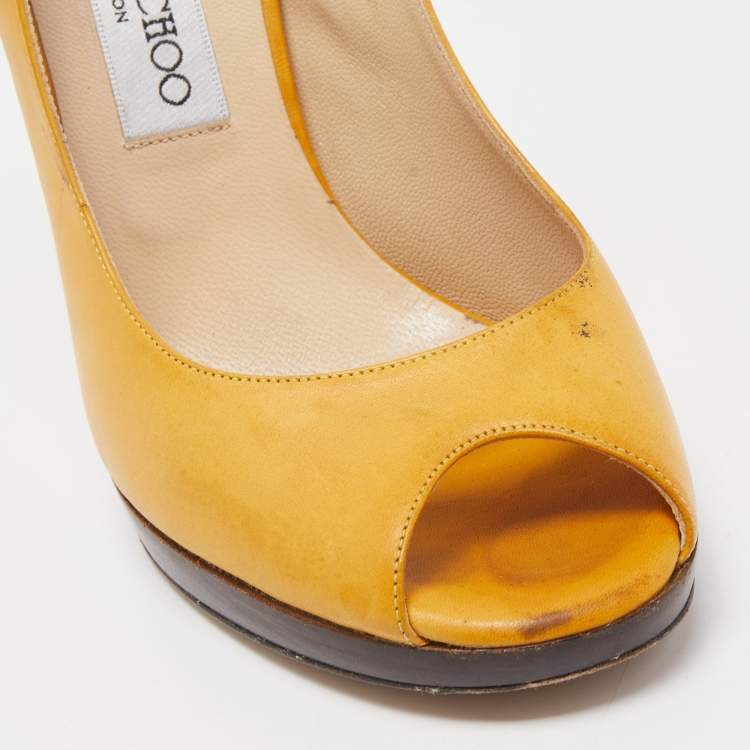Pre Owned Jimmy Choo Yellow Leather Peep Toe Slingback Pumps Size 39.5