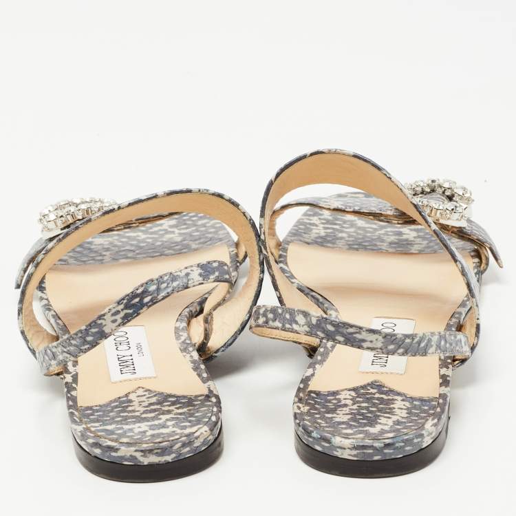 Pre Owned Jimmy Choo Two Tone Embossed Snakeskin Saphera Flat Sandals Size 40.5