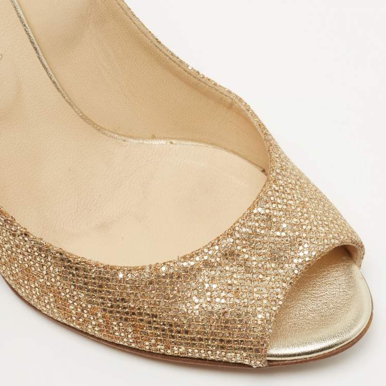 Pre Owned Jimmy Choo Metallic Gold Glitter Evelyn Peep Toe Pumps Size 38.5
