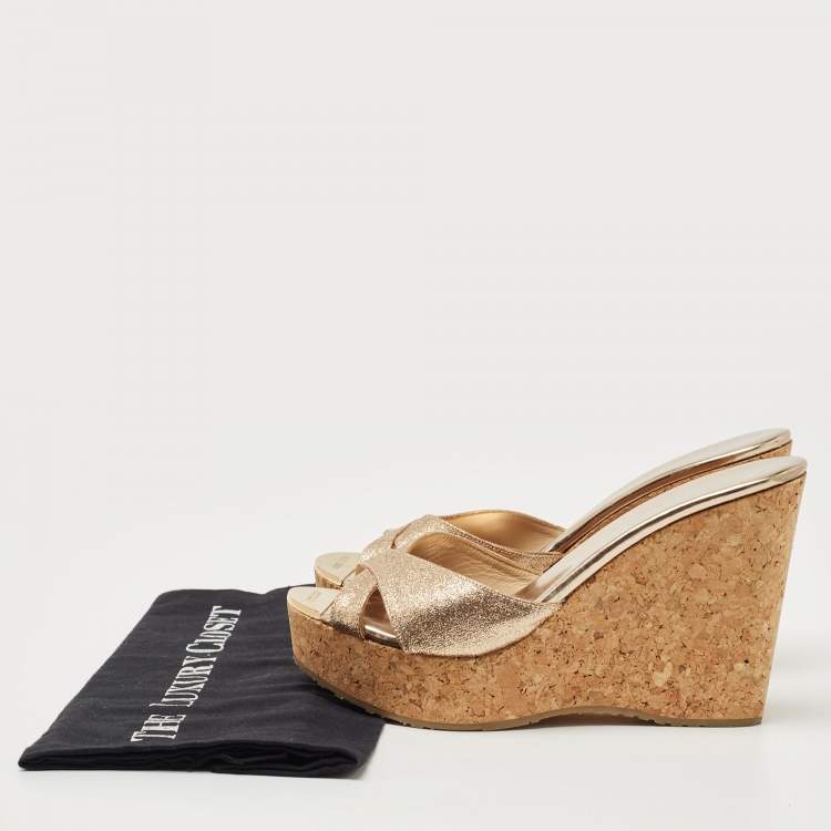 Pre Owned Jimmy Choo Metallic Glitter Perfume Wedge Sandals Size 38