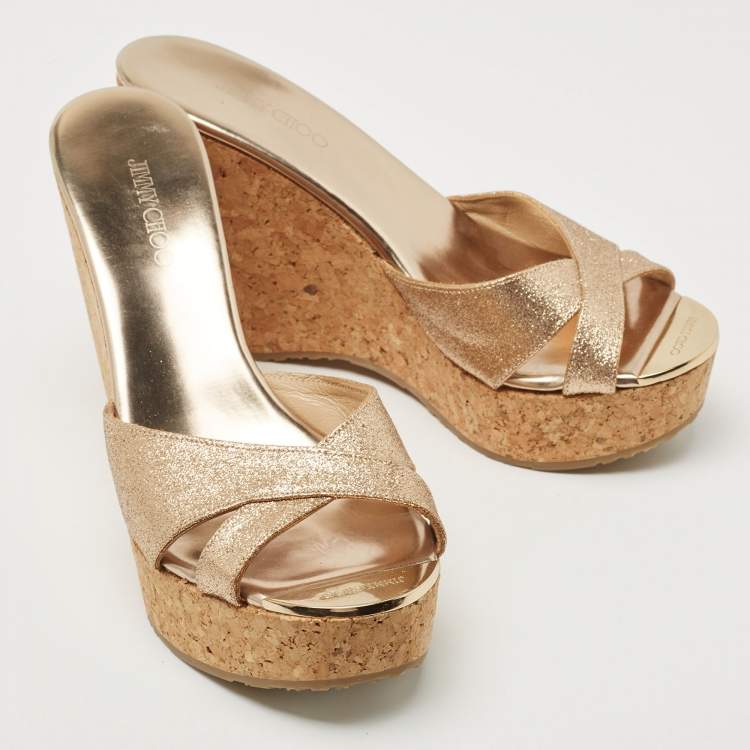 Pre Owned Jimmy Choo Metallic Glitter Perfume Wedge Sandals Size 38