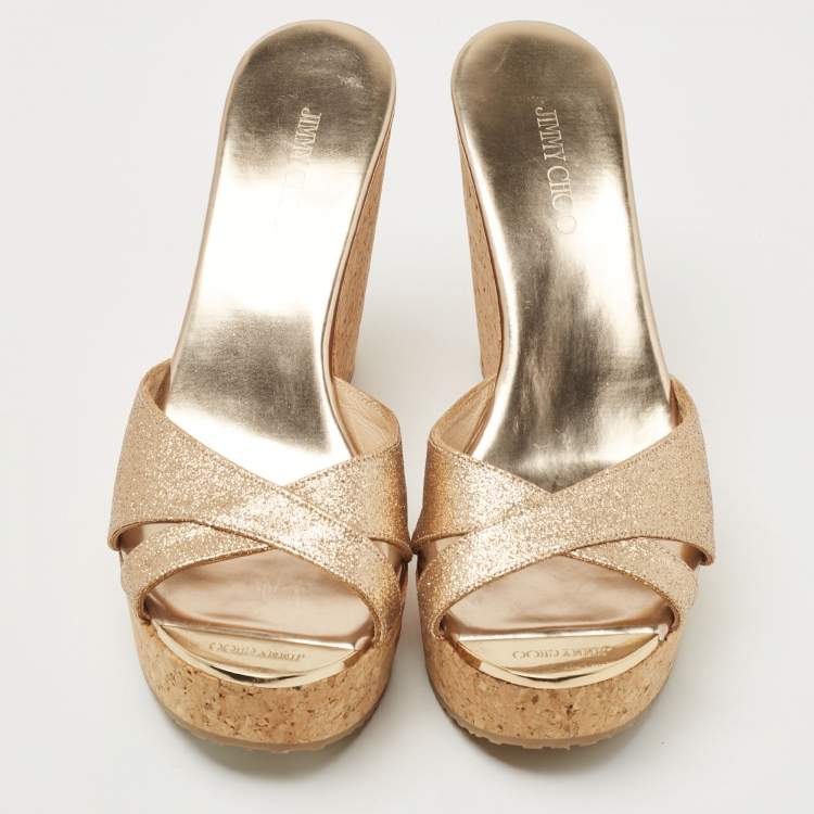 Pre Owned Jimmy Choo Metallic Glitter Perfume Wedge Sandals Size 38