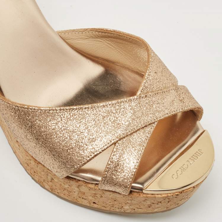 Pre Owned Jimmy Choo Metallic Glitter Perfume Wedge Sandals Size 38