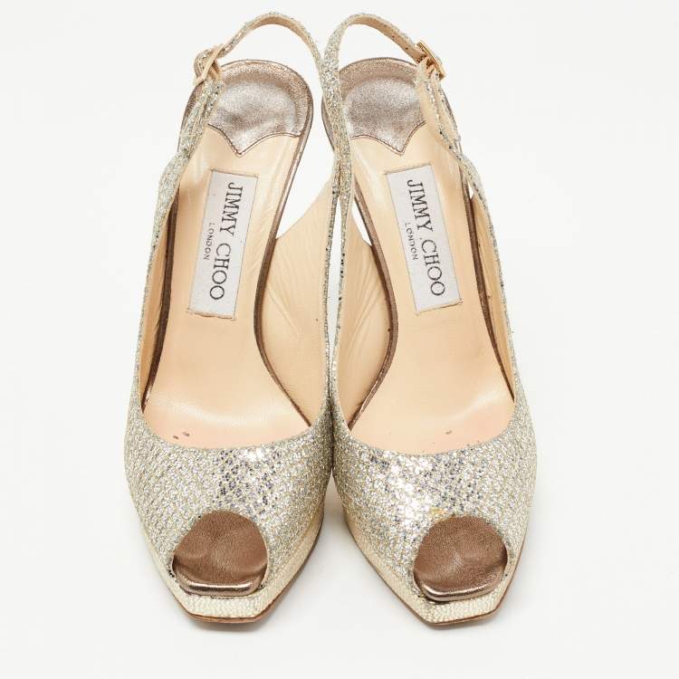 Pre Owned Jimmy Choo Silver/Gold Glitter Clue Slingback Pumps Size 36
