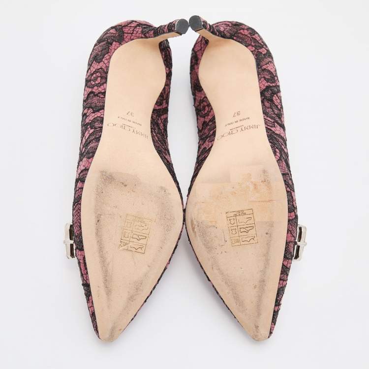 Pre Owned Jimmy Choo Pink/Black Lace and Suede Marvel Embellished Pointed Toe Pumps Size 37