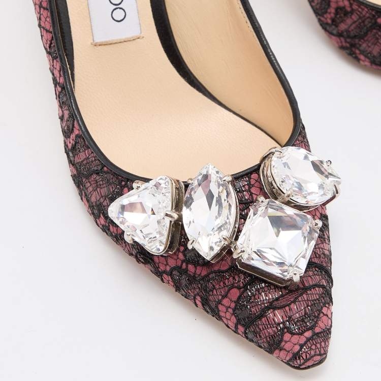Pre Owned Jimmy Choo Pink/Black Lace and Suede Marvel Embellished Pointed Toe Pumps Size 37