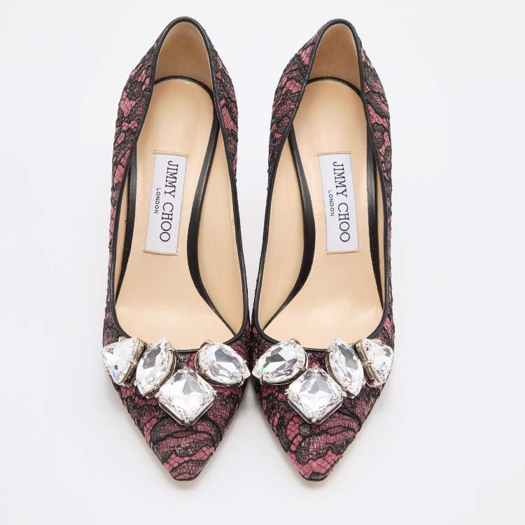 Pre Owned Jimmy Choo Pink/Black Lace and Suede Marvel Embellished Pointed Toe Pumps Size 37