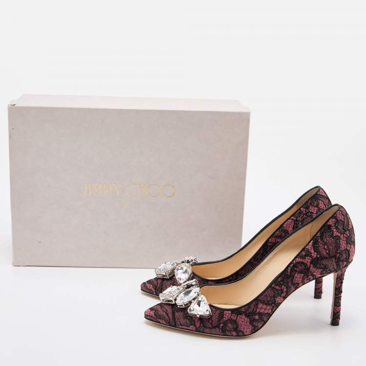 Pre Owned Jimmy Choo Pink/Black Lace and Suede Marvel Embellished Pointed Toe Pumps Size 37
