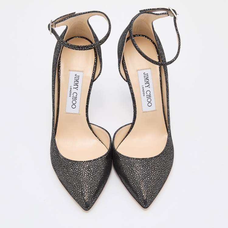 Pre Owned Jimmy Choo Black/Silver Suede Lucy Ankle Strap Pointed Toe Pumps Size 37