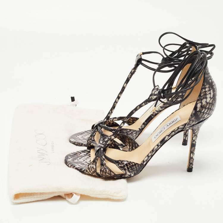 Pre Owned Jimmy Choo Black/Brown Water Snake Ankle Strap Sandals Size 40.5
