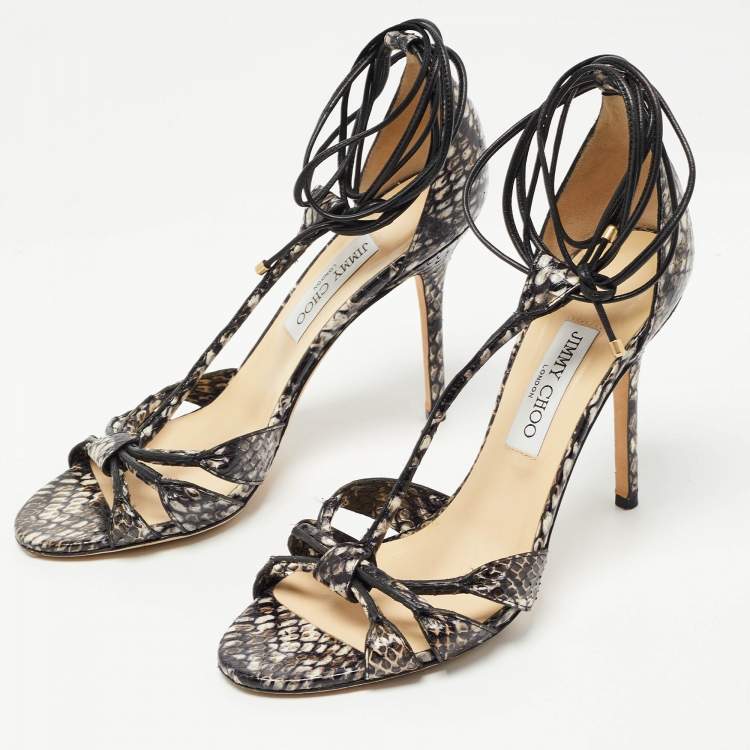 Pre Owned Jimmy Choo Black/Brown Water Snake Ankle Strap Sandals Size 40.5