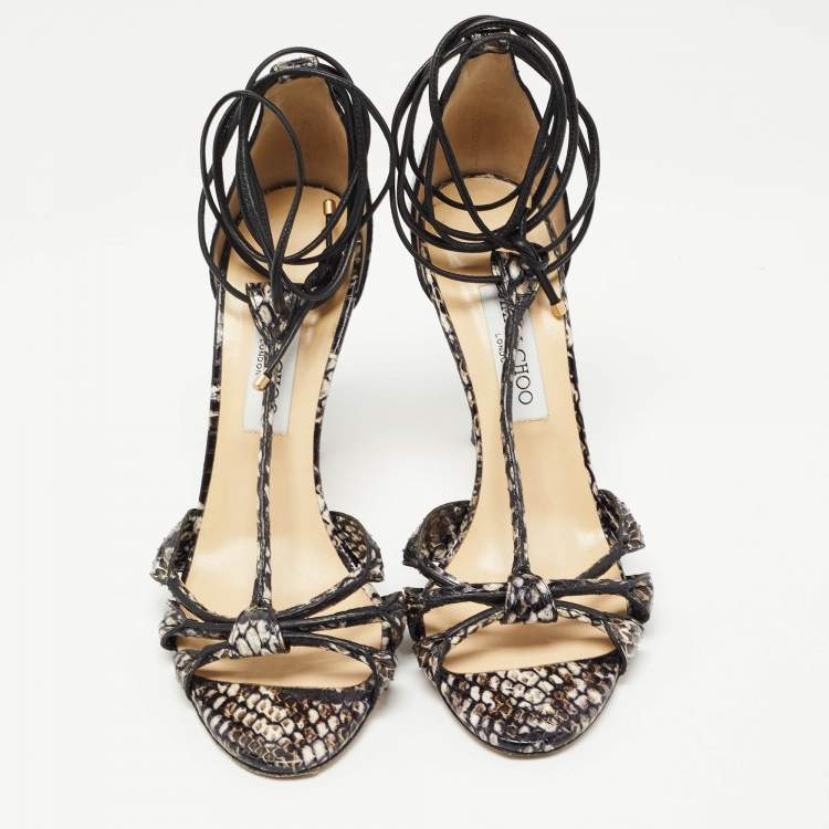 Pre Owned Jimmy Choo Black/Brown Water Snake Ankle Strap Sandals Size 40.5