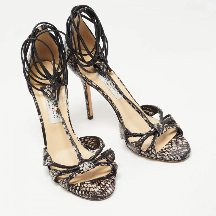 Pre Owned Jimmy Choo Black/Brown Water Snake Ankle Strap Sandals Size 40.5