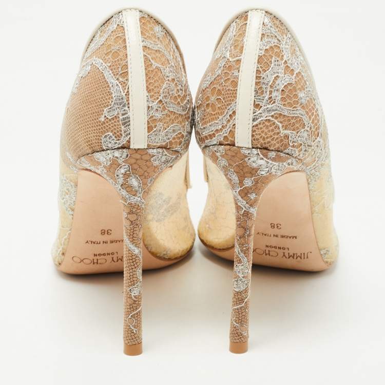 Pre Owned Jimmy Choo Beige Mesh and Lace Romy Pumps Size 38