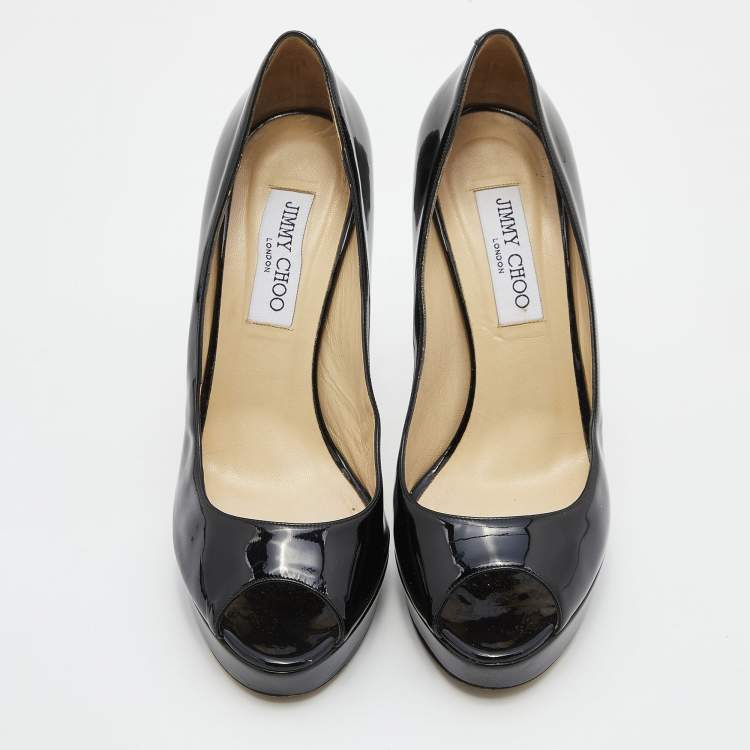 Pre Owned Jimmy Choo Black Patent Leather Crown Platform Peep Toe Pumps Size 39