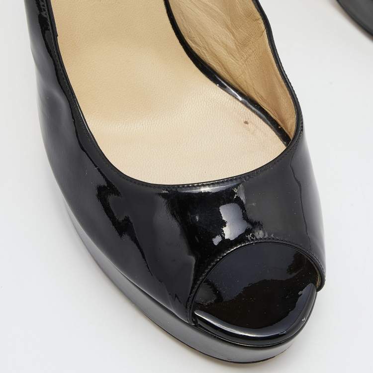 Pre Owned Jimmy Choo Black Patent Leather Crown Platform Peep Toe Pumps Size 39