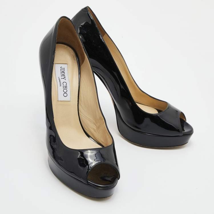 Pre Owned Jimmy Choo Black Patent Leather Crown Platform Peep Toe Pumps Size 39