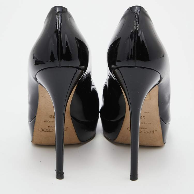 Pre Owned Jimmy Choo Black Patent Leather Crown Platform Peep Toe Pumps Size 39