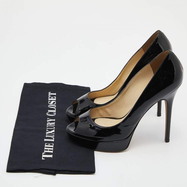 Pre Owned Jimmy Choo Black Patent Leather Crown Platform Peep Toe Pumps Size 39