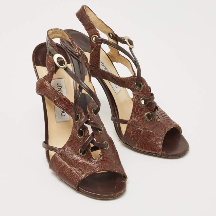 Pre Owned Jimmy Choo Brown Python Embossed Leather Sandals Size 38.5