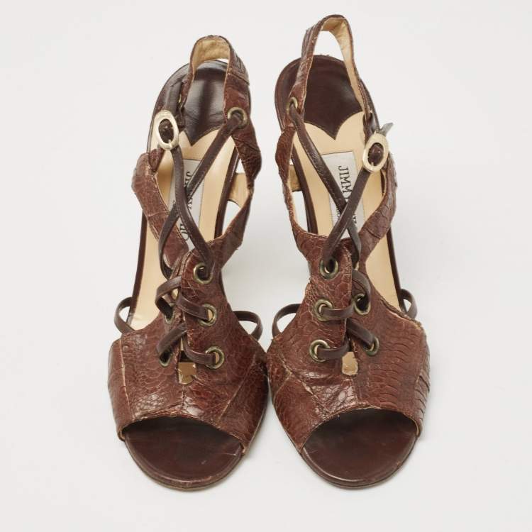 Pre Owned Jimmy Choo Brown Python Embossed Leather Sandals Size 38.5