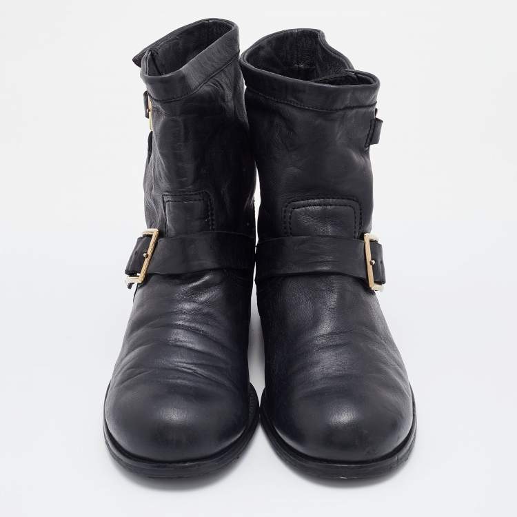 Pre Owned Jimmy Choo Black Leather Buckle Detail Ankle Boots Size 40