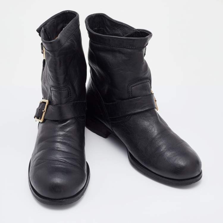 Pre Owned Jimmy Choo Black Leather Buckle Detail Ankle Boots Size 40