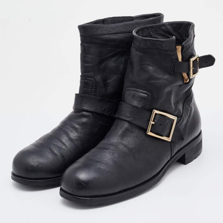 Pre Owned Jimmy Choo Black Leather Buckle Detail Ankle Boots Size 40