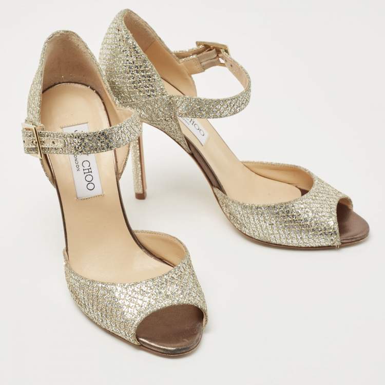 Pre Owned Jimmy Choo Silver/Gold Coarse Glitter and Leather  Ankle Strap Sandals Size 37