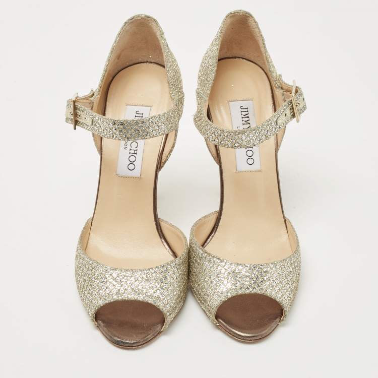 Pre Owned Jimmy Choo Silver/Gold Coarse Glitter and Leather  Ankle Strap Sandals Size 37