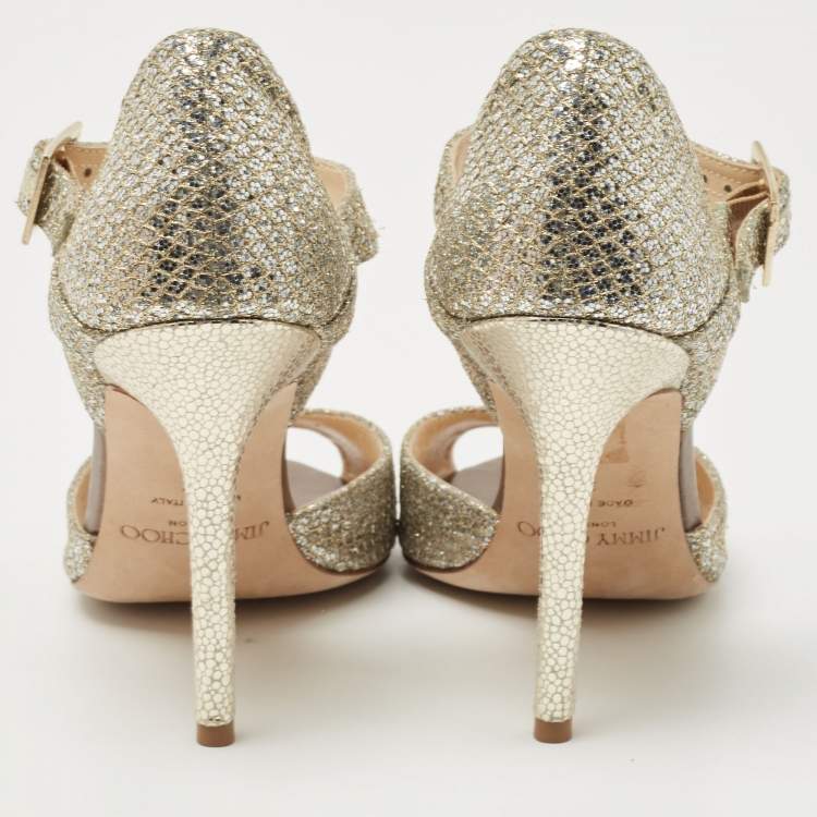 Pre Owned Jimmy Choo Silver/Gold Coarse Glitter and Leather  Ankle Strap Sandals Size 37