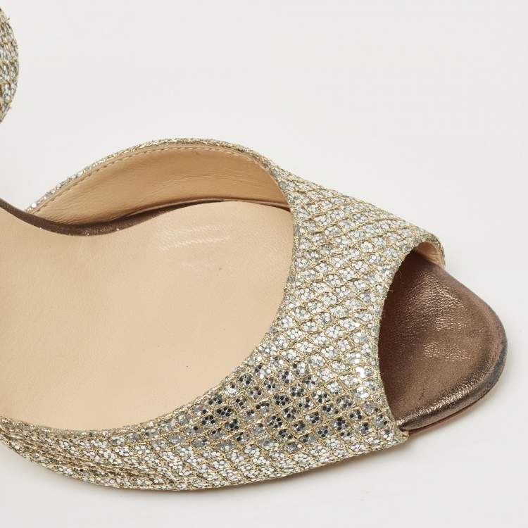 Pre Owned Jimmy Choo Silver/Gold Coarse Glitter and Leather  Ankle Strap Sandals Size 37
