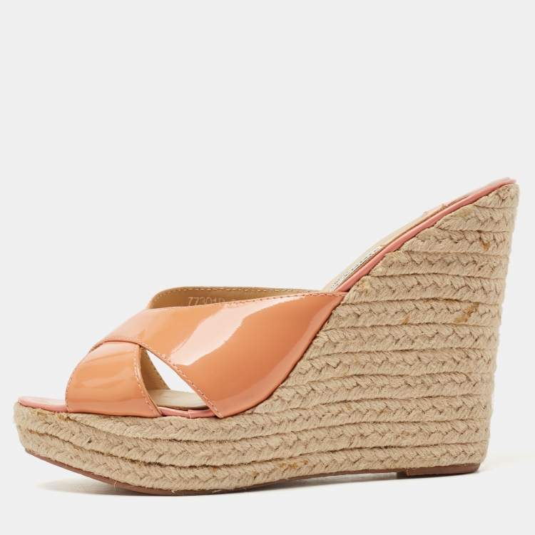Pre Owned Jimmy Choo Orange Patent Leather Prima Wedge Sandals Size 38