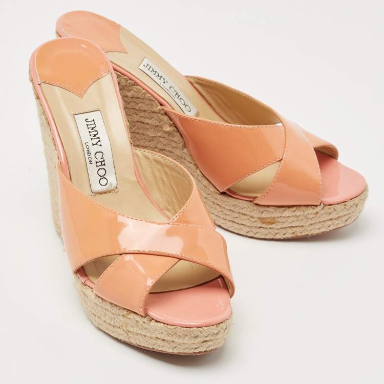 Pre Owned Jimmy Choo Orange Patent Leather Prima Wedge Sandals Size 38
