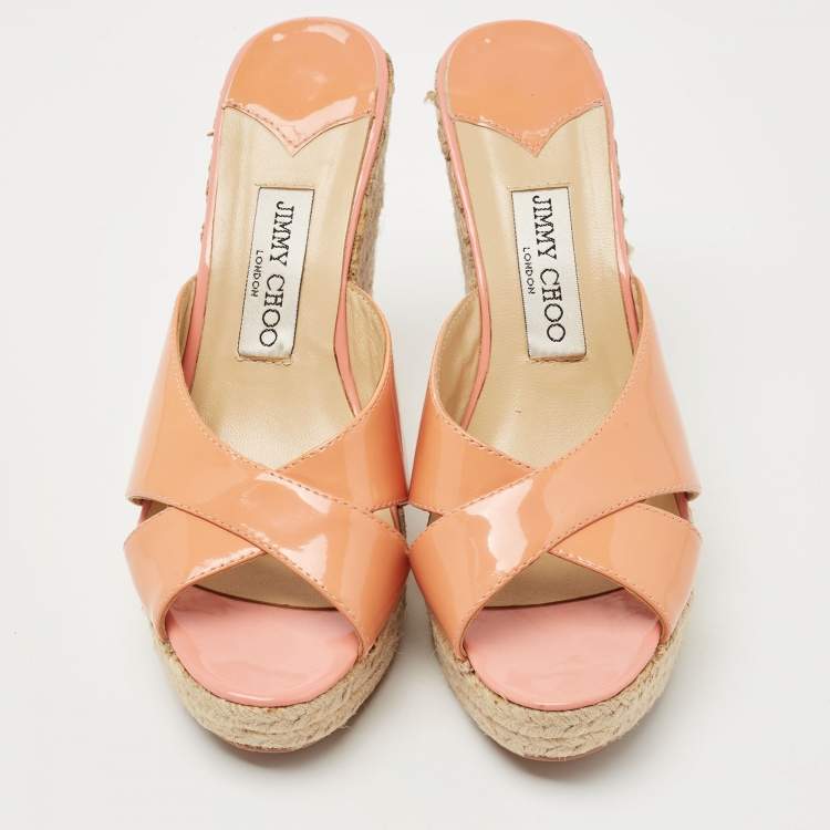 Pre Owned Jimmy Choo Orange Patent Leather Prima Wedge Sandals Size 38
