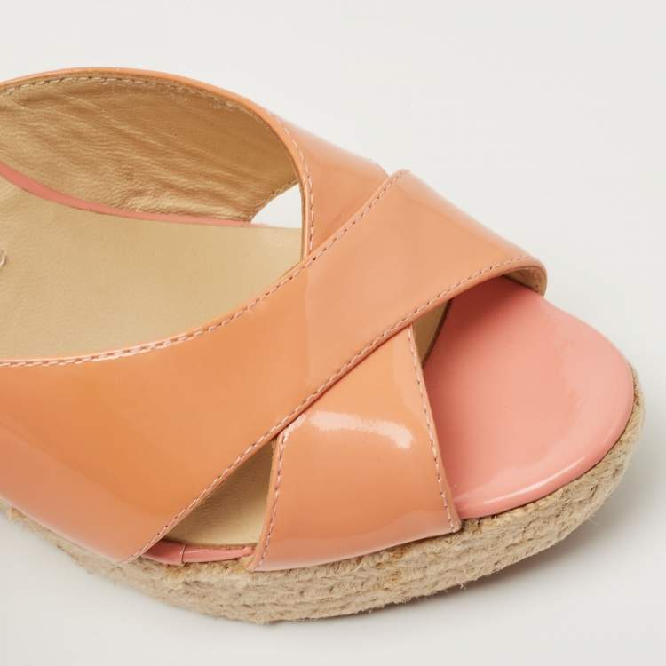 Pre Owned Jimmy Choo Orange Patent Leather Prima Wedge Sandals Size 38
