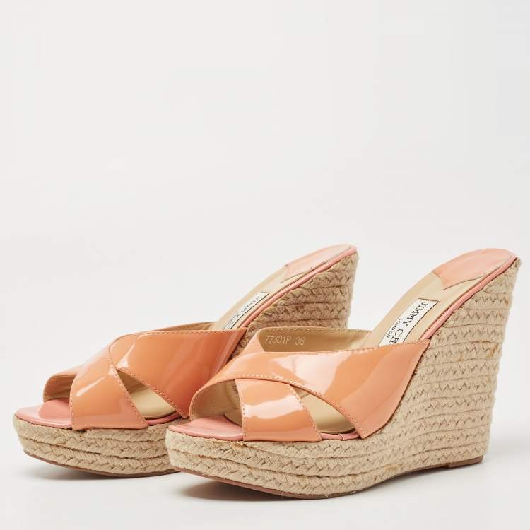 Pre Owned Jimmy Choo Orange Patent Leather Prima Wedge Sandals Size 38